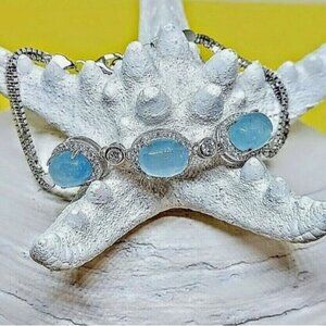 Natural Blue Aquamarine & Cz 925 Sterling Silver Adjustable Bracelet‎ 7.5"